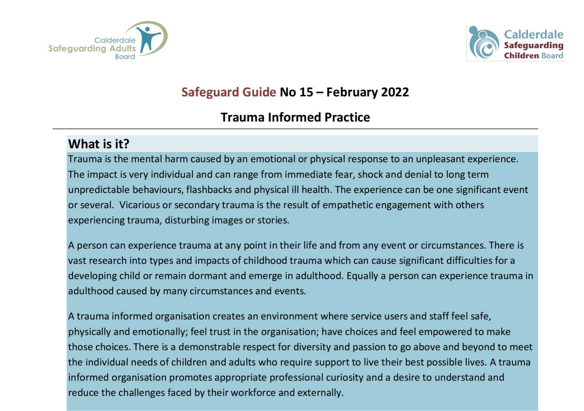Calderdale Safeguard Guide on Trauma Informed Practice document